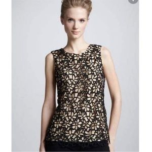 LELA ROSE Womens Black Beige Floral Lace Silk Cotton Top XS.  Neiman Marcus